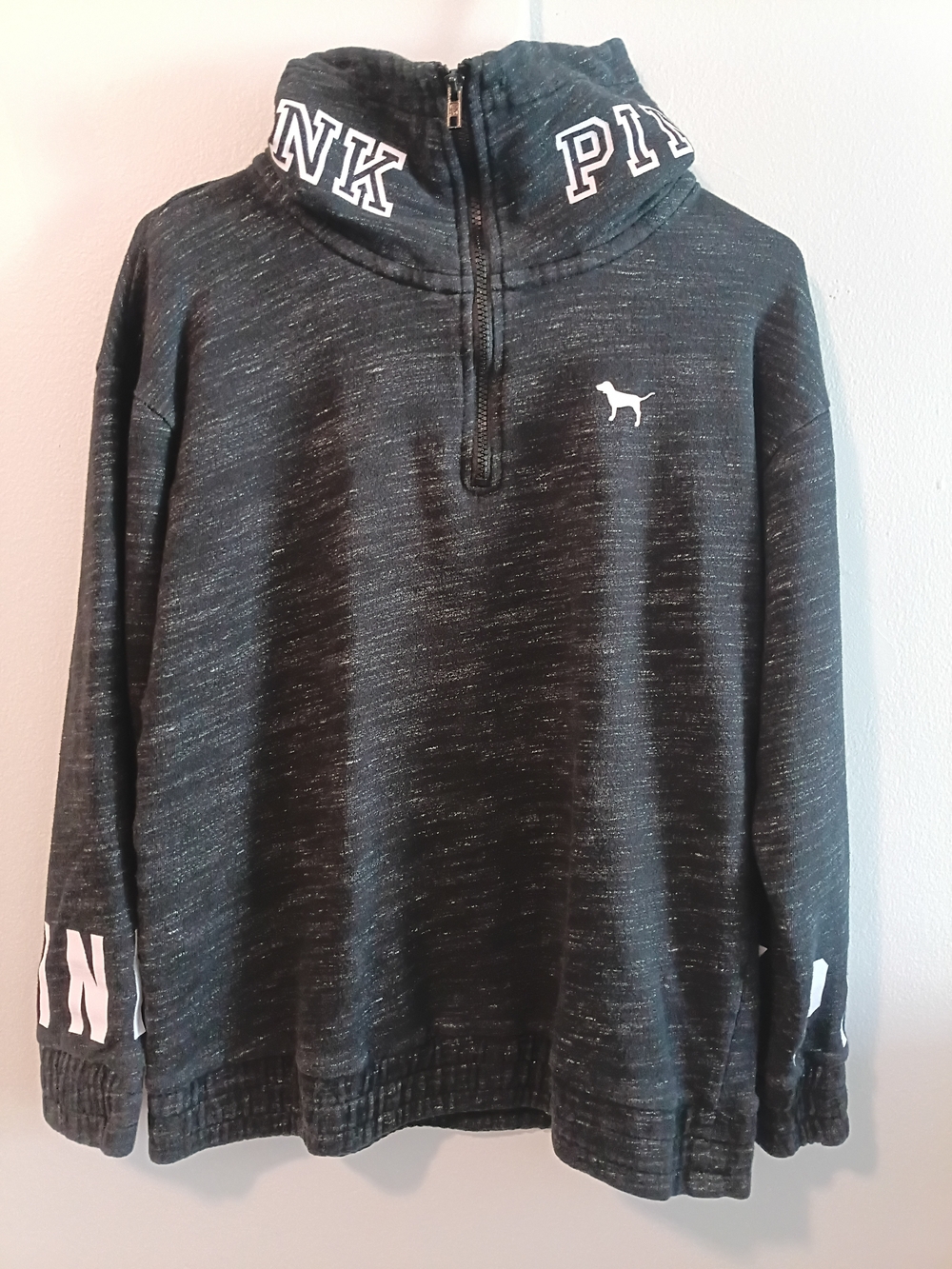 PINK Victoria's Secret Black Heather Quarter-Zip Pullover with Logo